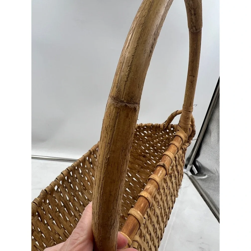 VTG Wicker Gathering Basket Hanging Peg Bentwood Handle Rustic Garden Brown